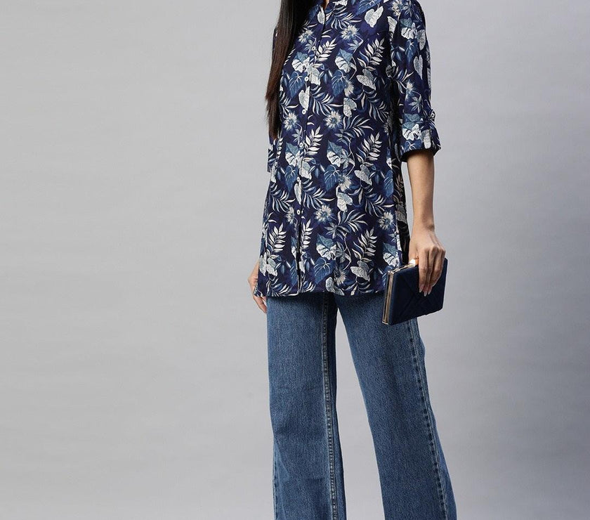 Divena Navy Blue Rayon Printed Top - divena world