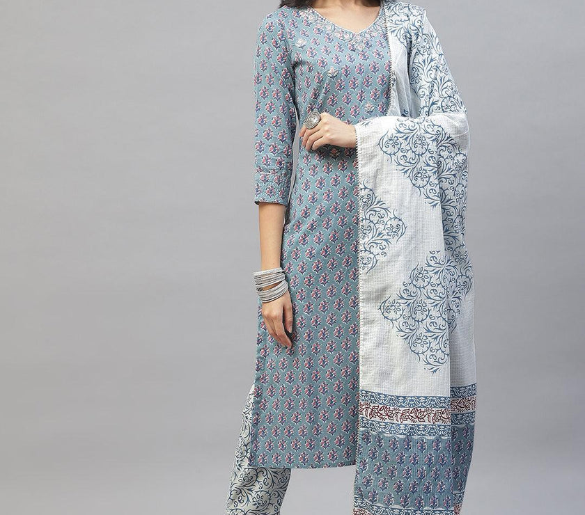 Divena Turquoise Blue Cotton Floral Printed Kurta Pant set with Dupatta - divena world