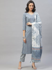 Divena Turquoise Blue Cotton Floral Printed Kurta Pant set with Dupatta - divena world