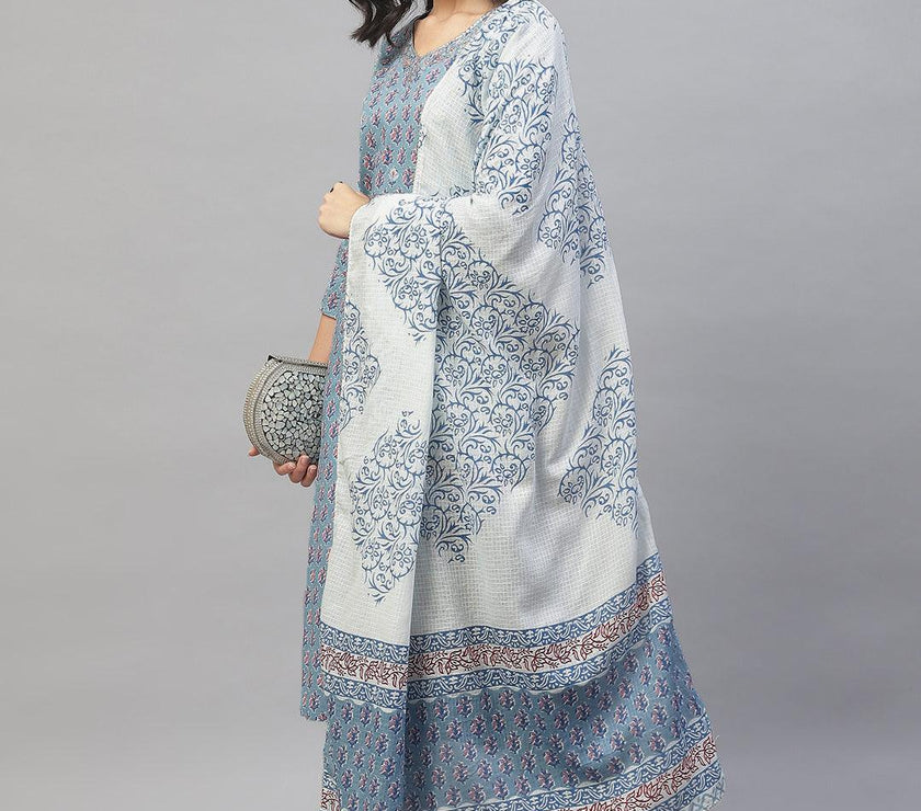 Divena Turquoise Blue Cotton Floral Printed Kurta Pant set with Dupatta - divena world