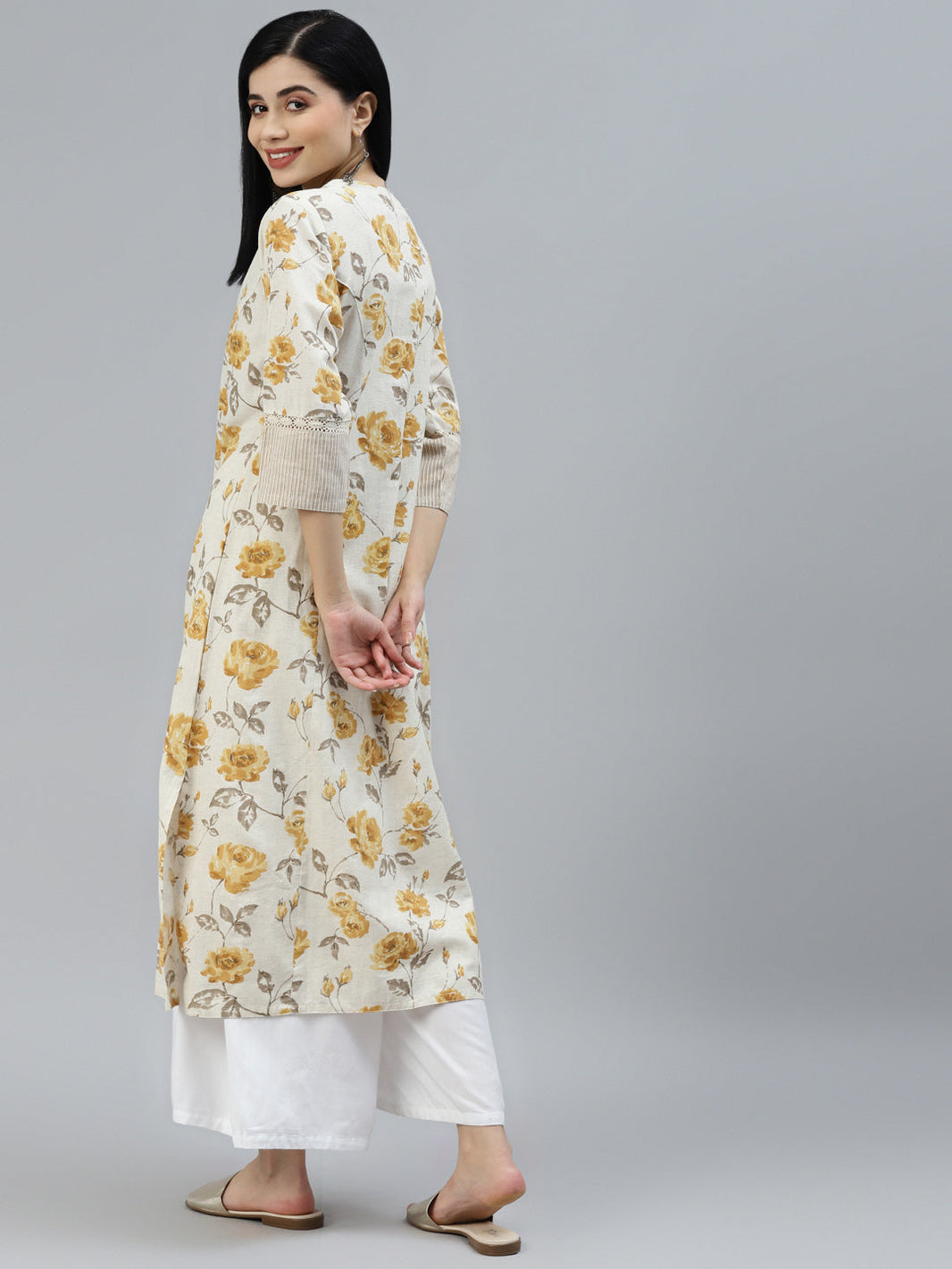 Divena Floral Print Yellow Cotton A-line Kurta