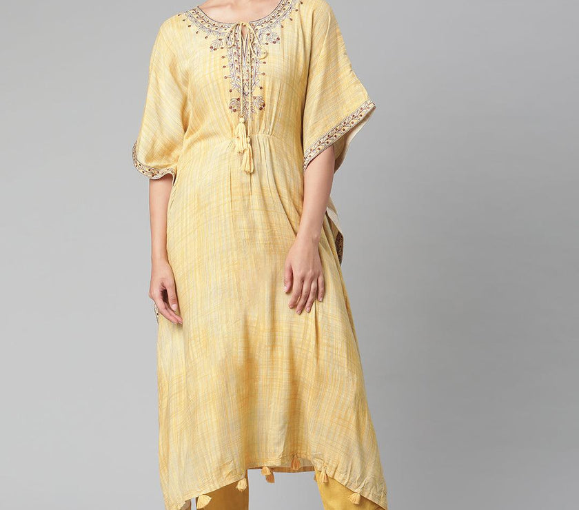 Divena Yellow Rayon Kaftan Pant set - divena world