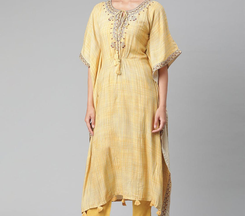 Divena Yellow Rayon Kaftan Pant set - divena world