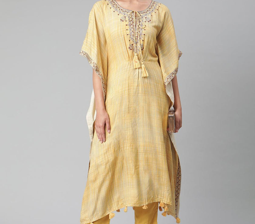 Divena Yellow Rayon Kaftan Pant set - divena world