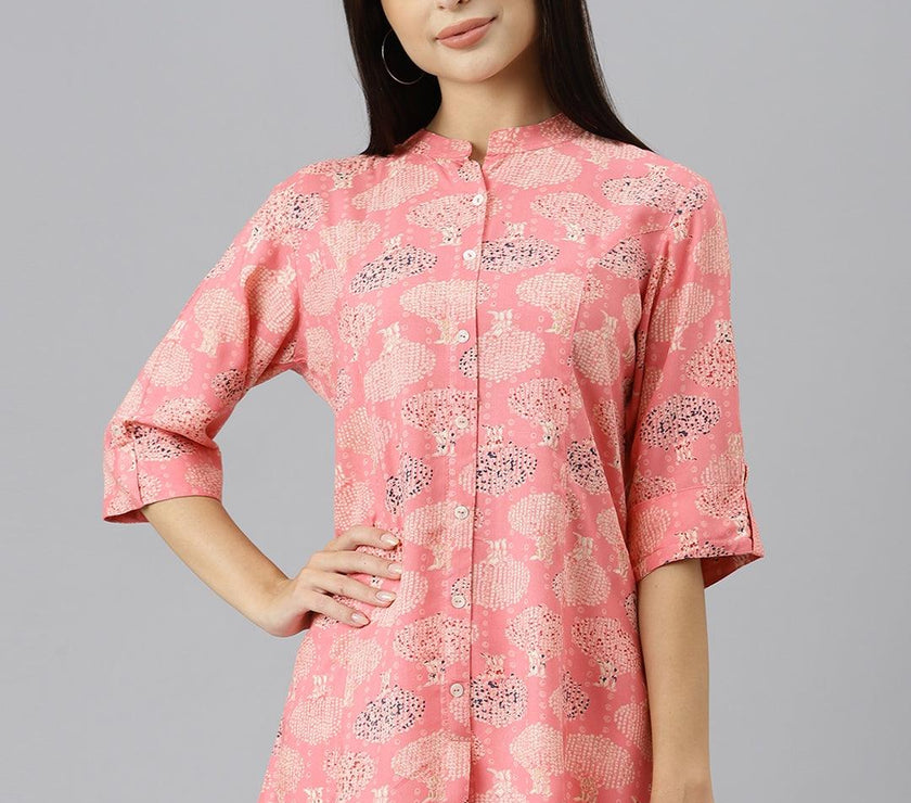 Divena Peach Floral Rayon A-line Shirts Style Top - divenaworld.com