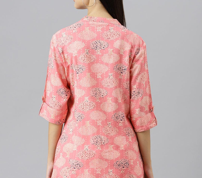 Divena Peach Floral Rayon A-line Shirts Style Top - divenaworld.com