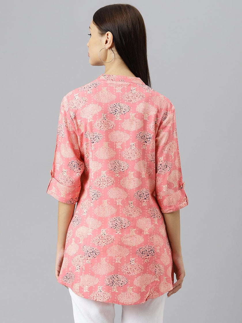 Divena Peach Floral Rayon A-line Shirts Style Top - divenaworld.com