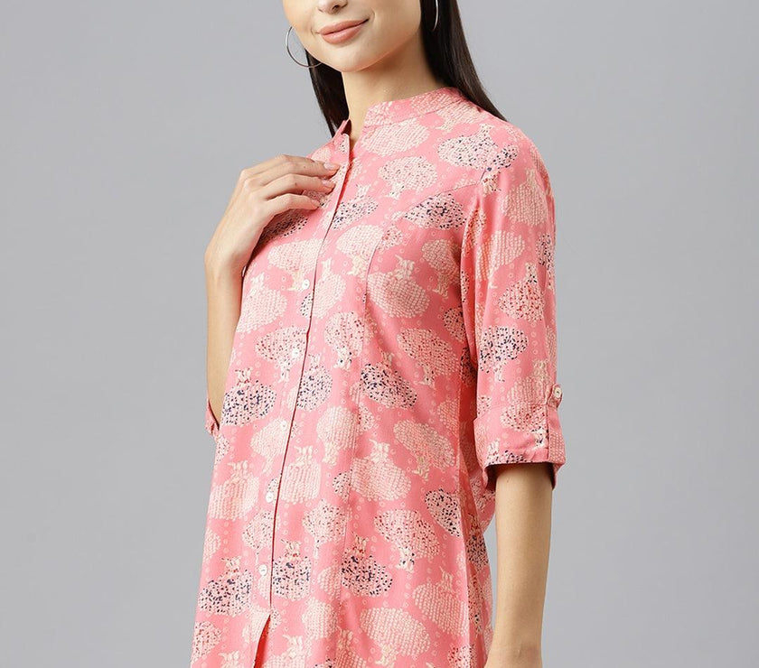 Divena Peach Floral Rayon A-line Shirts Style Top - divenaworld.com