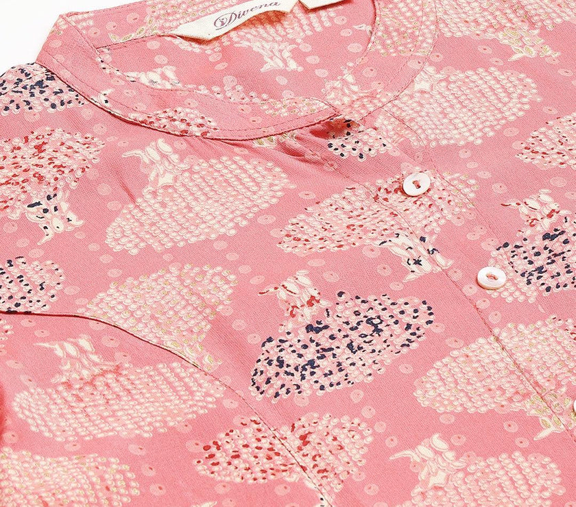 Divena Peach Floral Rayon A-line Shirts Style Top - divenaworld.com