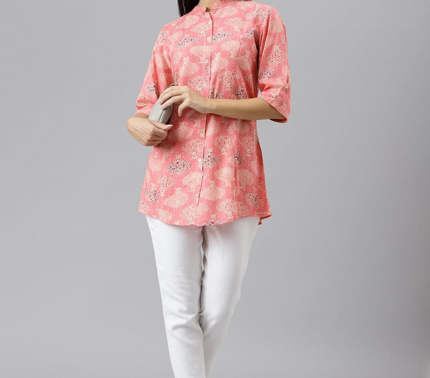 Divena Peach Floral Rayon A-line Shirts Style Top - divenaworld.com