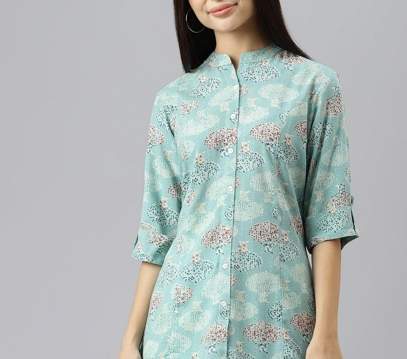 Divena Sea Green Floral Rayon A-line Shirts Style Top - divenaworld.com