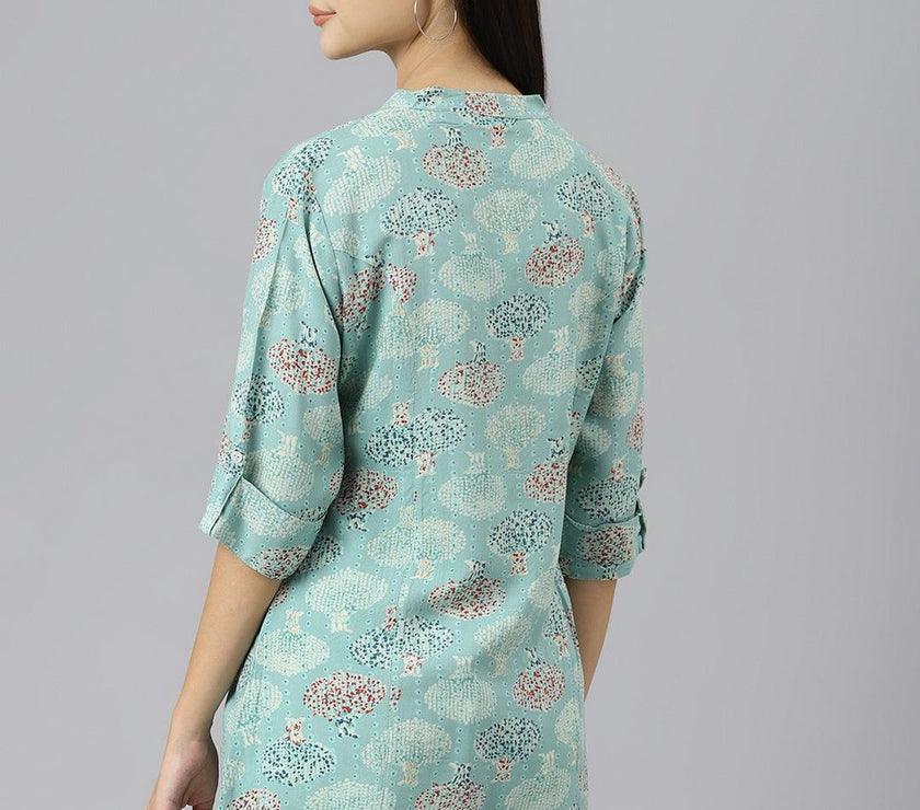 Divena Sea Green Floral Rayon A-line Shirts Style Top - divenaworld.com