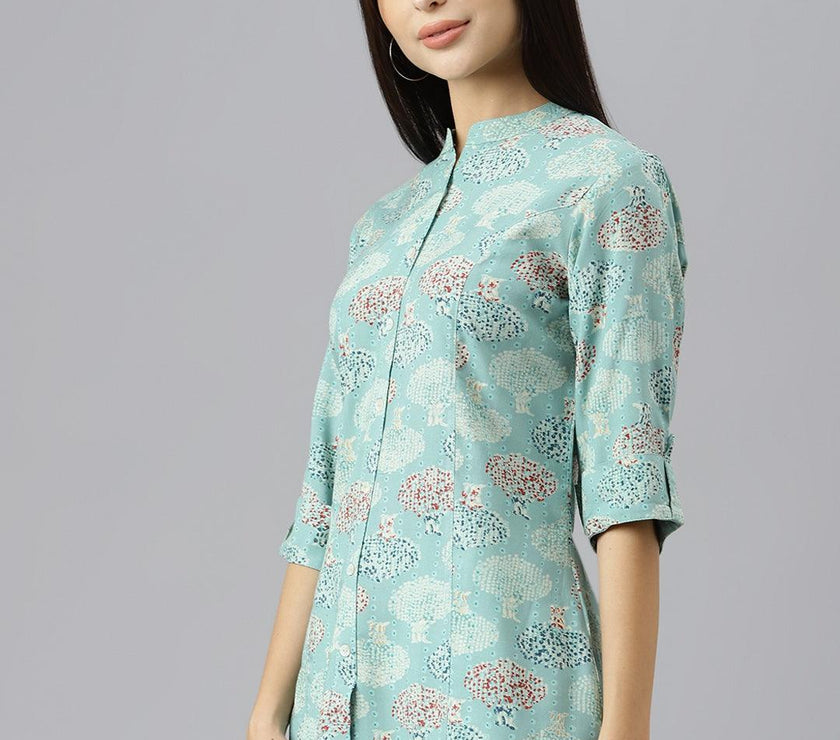 Divena Sea Green Floral Rayon A-line Shirts Style Top - divenaworld.com