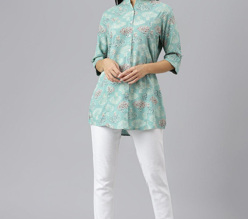 Divena Sea Green Floral Rayon A-line Shirts Style Top - divenaworld.com