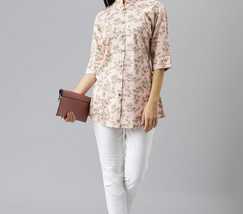 Divena Light Pink Floral Rayon A-line Shirts Style Top - divenaworld.com