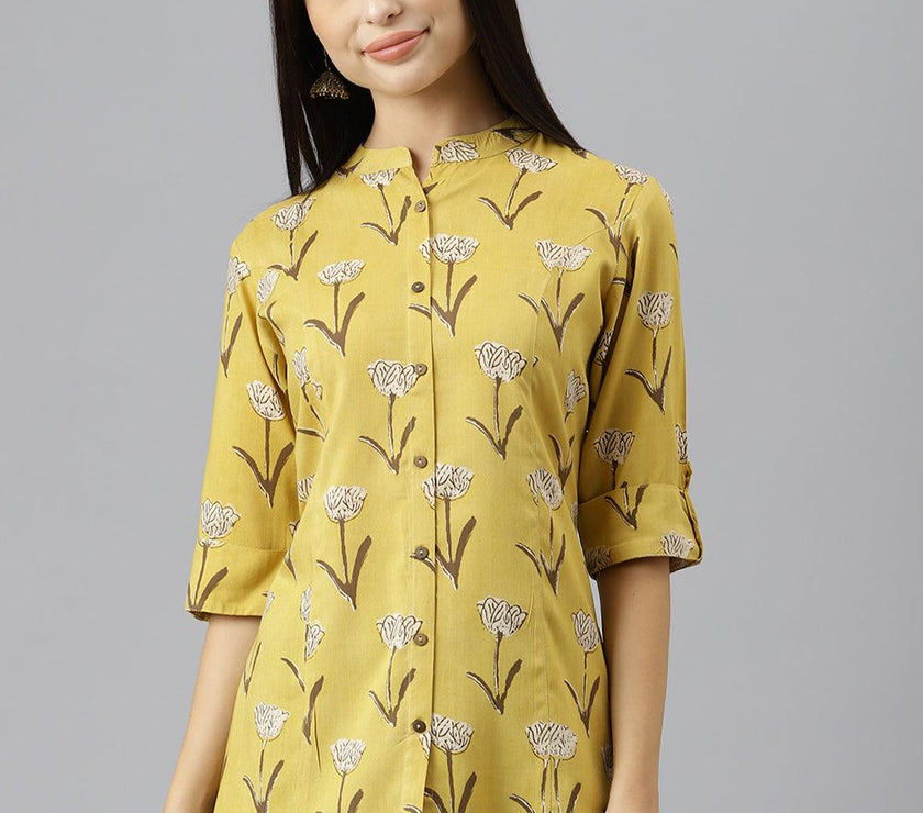 Divena Mustard Floral Rayon A-line Shirts Style Top - divenaworld.com