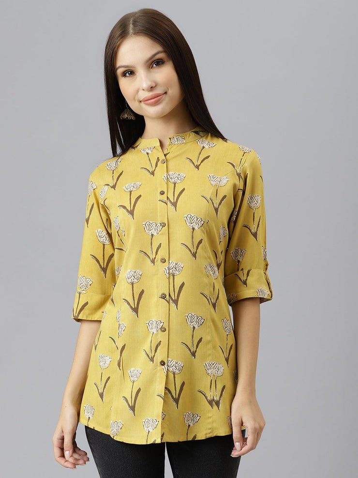 Divena Mustard Floral Rayon A-line Shirts Style Top - divenaworld.com