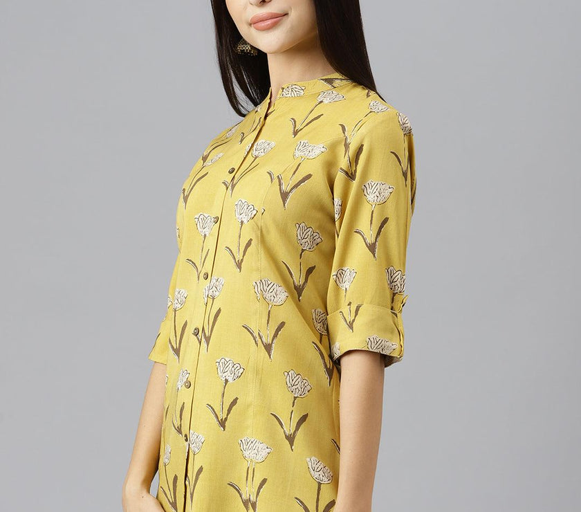 Divena Mustard Floral Rayon A-line Shirts Style Top - divenaworld.com