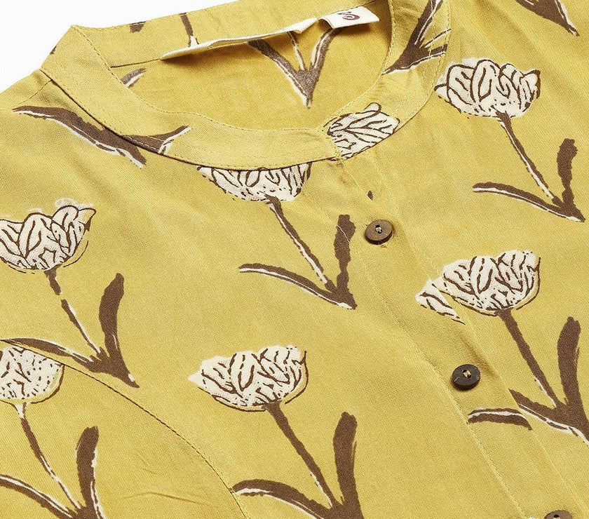 Divena Mustard Floral Rayon A-line Shirts Style Top - divenaworld.com