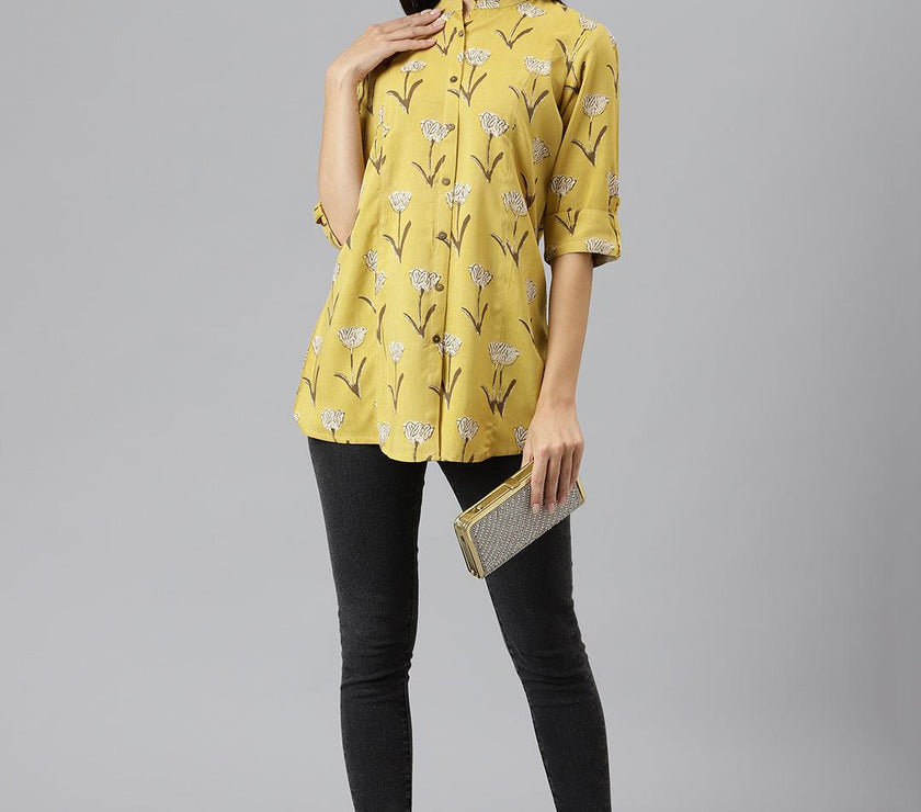 Divena Mustard Floral Rayon A-line Shirts Style Top - divenaworld.com