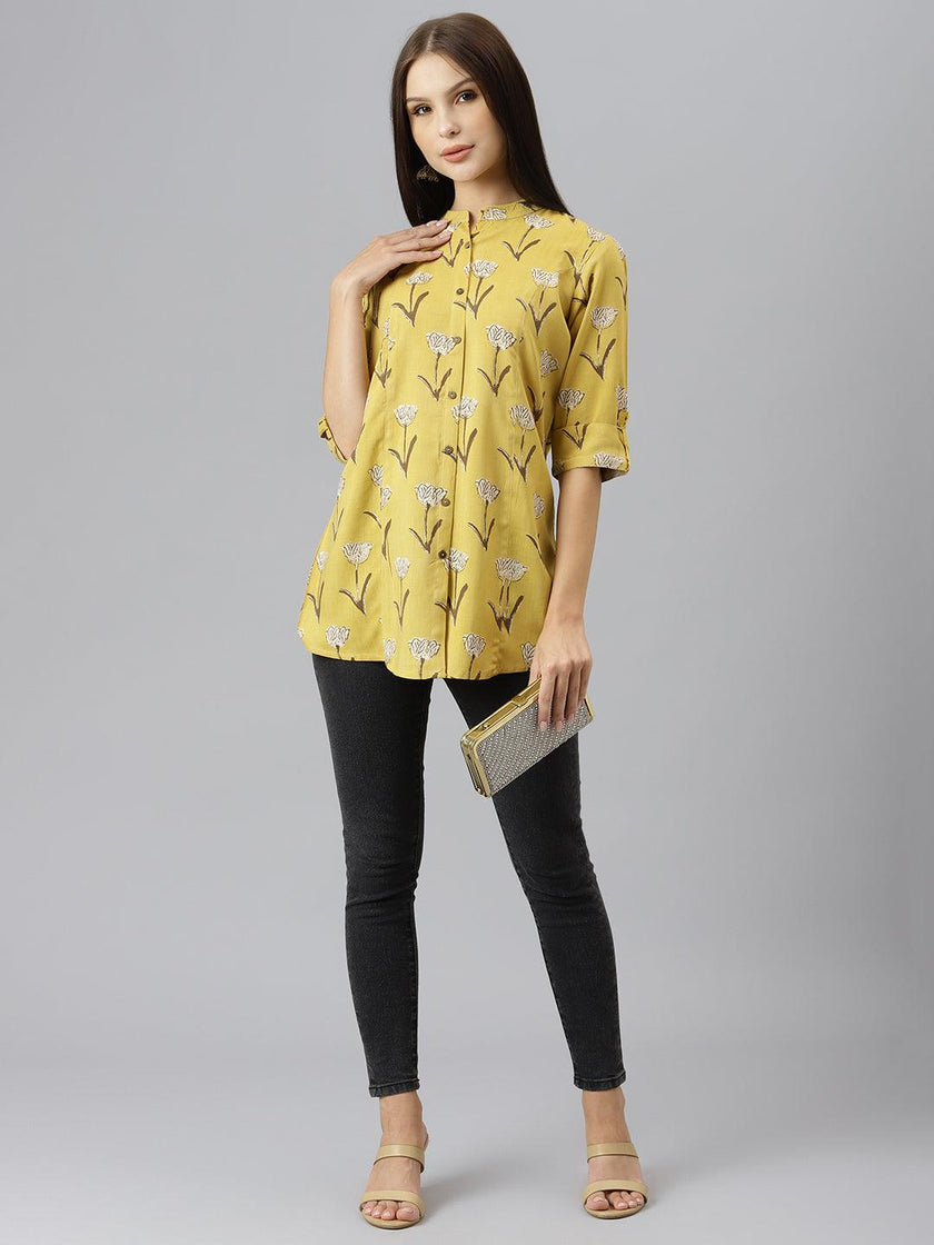 Divena Mustard Floral Rayon A-line Shirts Style Top - divenaworld.com