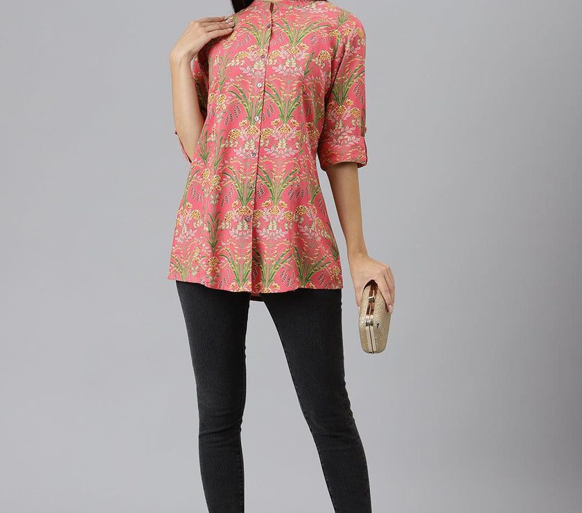 Divena Dark Pink Floral Rayon A-line Shirts Style Top - divenaworld.com