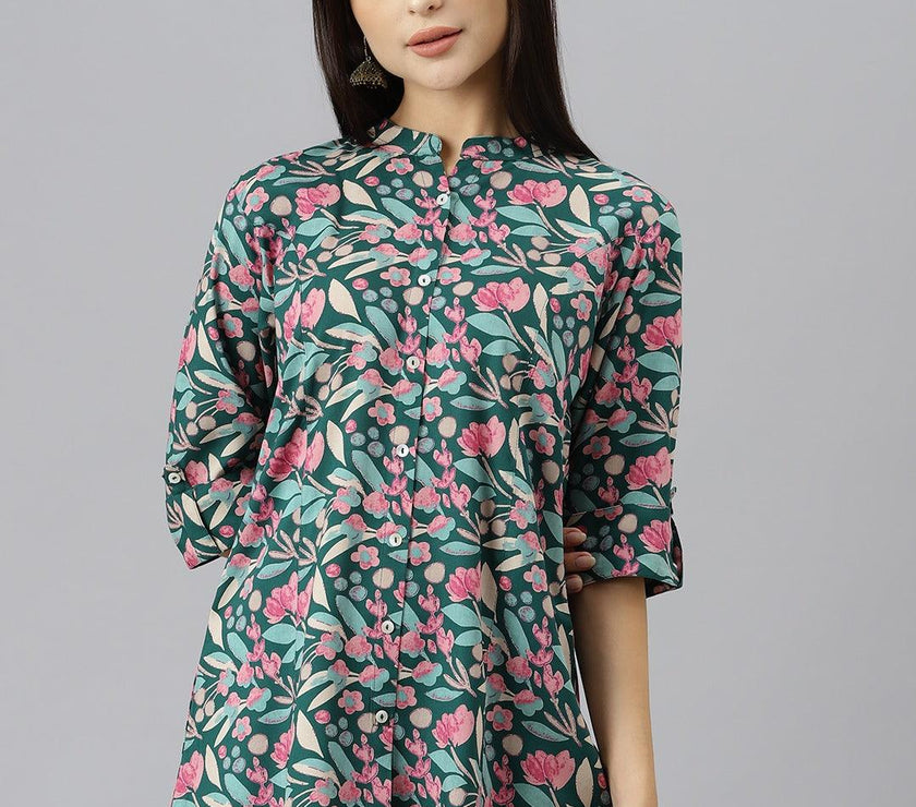 Divena Dark Green Floral Rayon A-line Shirts Style Top - divenaworld.com