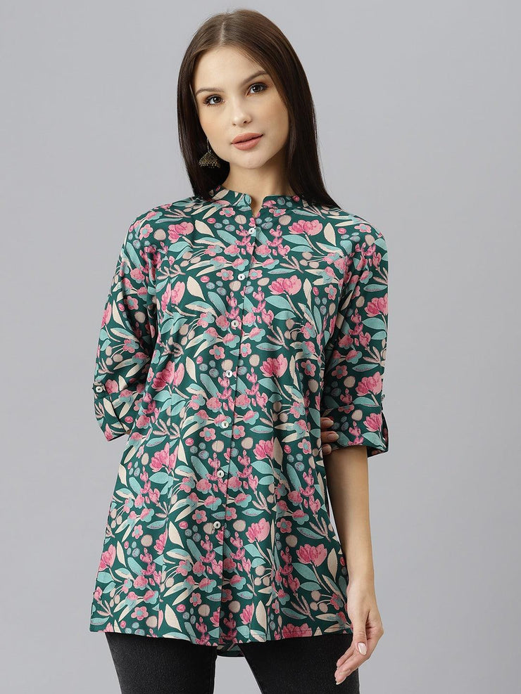 Divena Dark Green Floral Rayon A-line Shirts Style Top - divenaworld.com