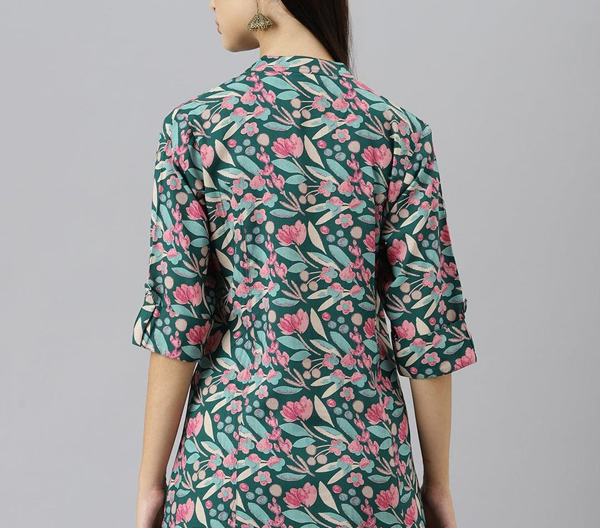 Divena Dark Green Floral Rayon A-line Shirts Style Top - divenaworld.com