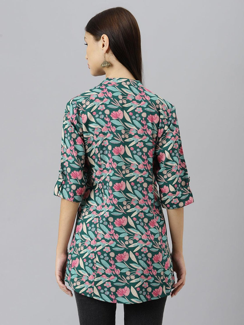 Divena Dark Green Floral Rayon A-line Shirts Style Top - divenaworld.com