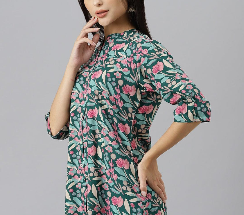 Divena Dark Green Floral Rayon A-line Shirts Style Top - divenaworld.com