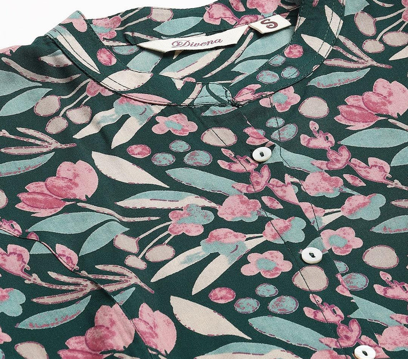 Divena Dark Green Floral Rayon A-line Shirts Style Top - divenaworld.com