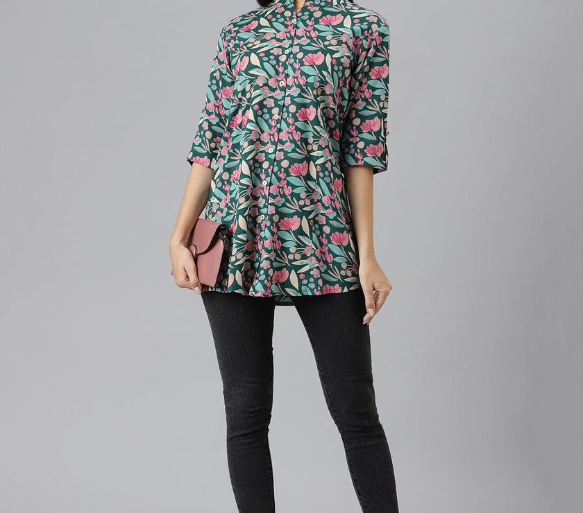 Divena Dark Green Floral Rayon A-line Shirts Style Top - divenaworld.com