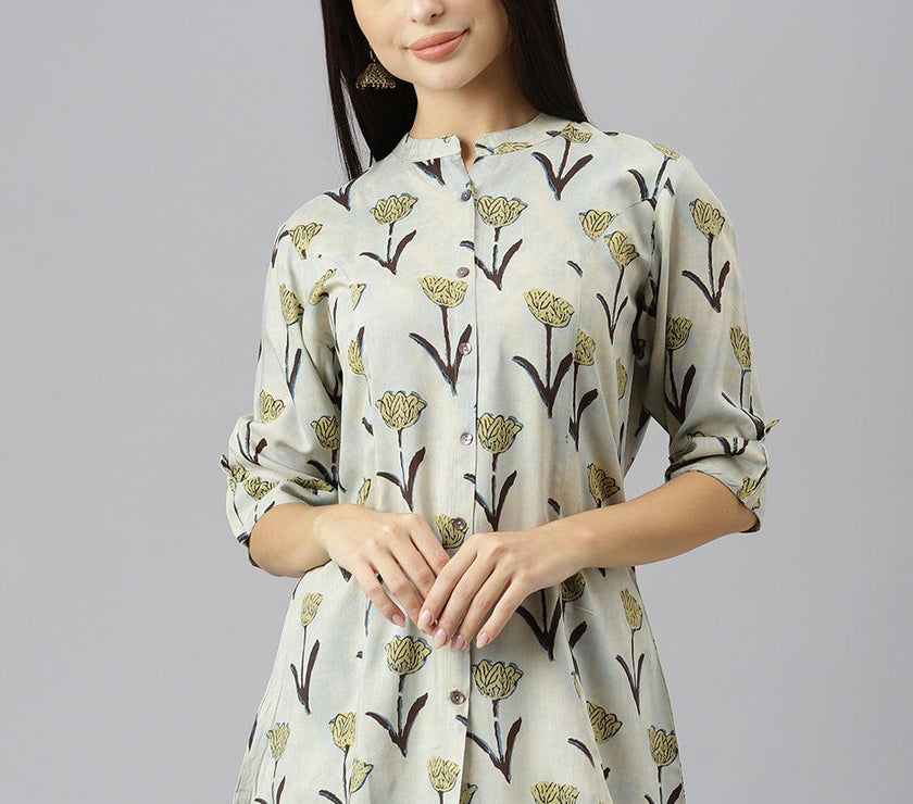 Divena Cream Floral Rayon A-line Shirts Style Top - divena world