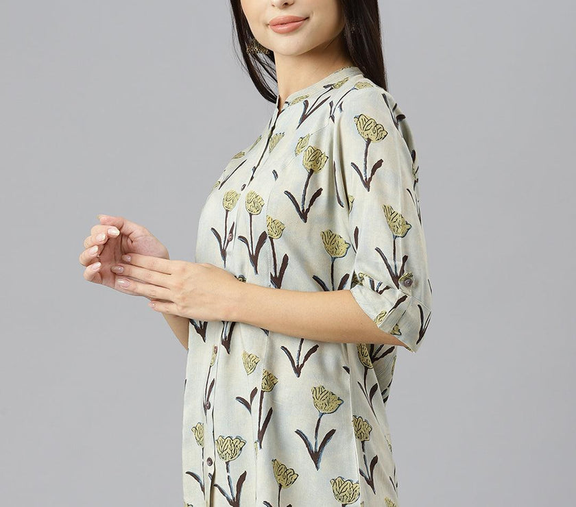 Divena Cream Floral Rayon A-line Shirts Style Top - divena world