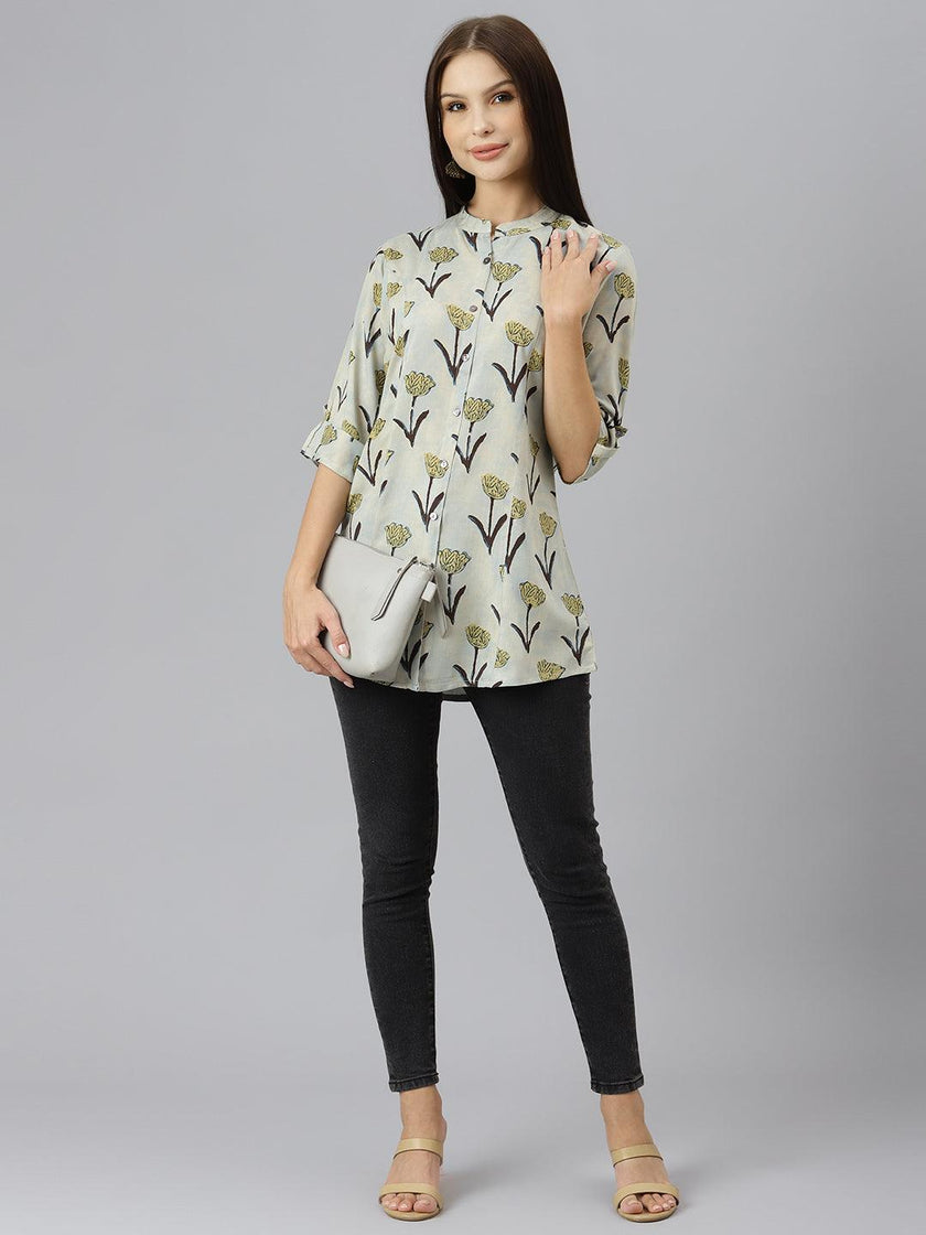 Divena Cream Floral Rayon A-line Shirts Style Top - divena world