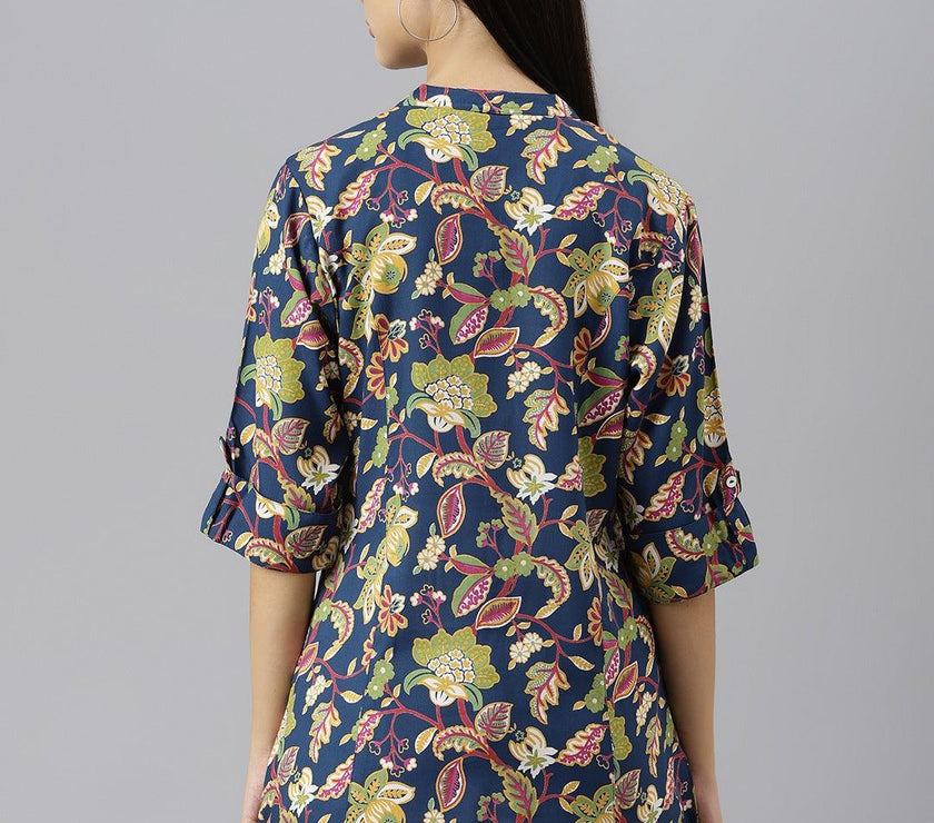 Divena Navy Blue Floral Rayon A-line Shirts Style Top - divena world