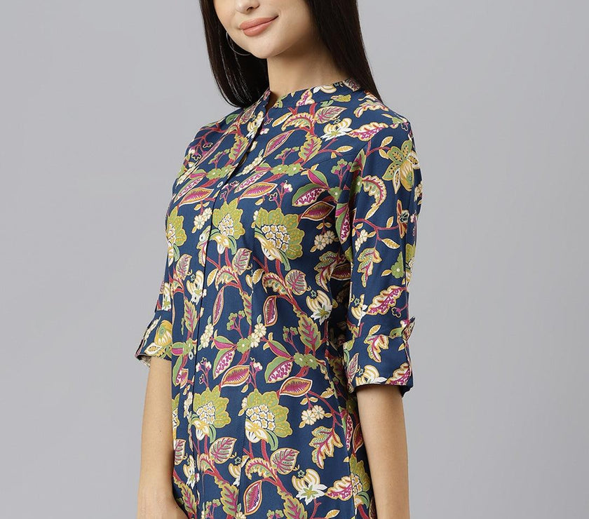 Divena Navy Blue Floral Rayon A-line Shirts Style Top - divena world