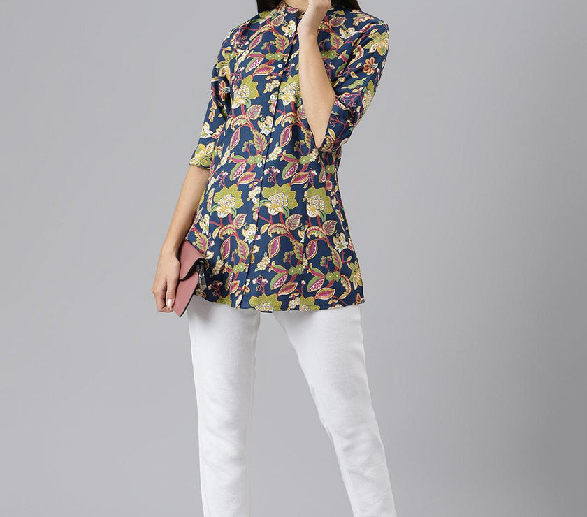 Divena Navy Blue Floral Rayon A-line Shirts Style Top - divena world