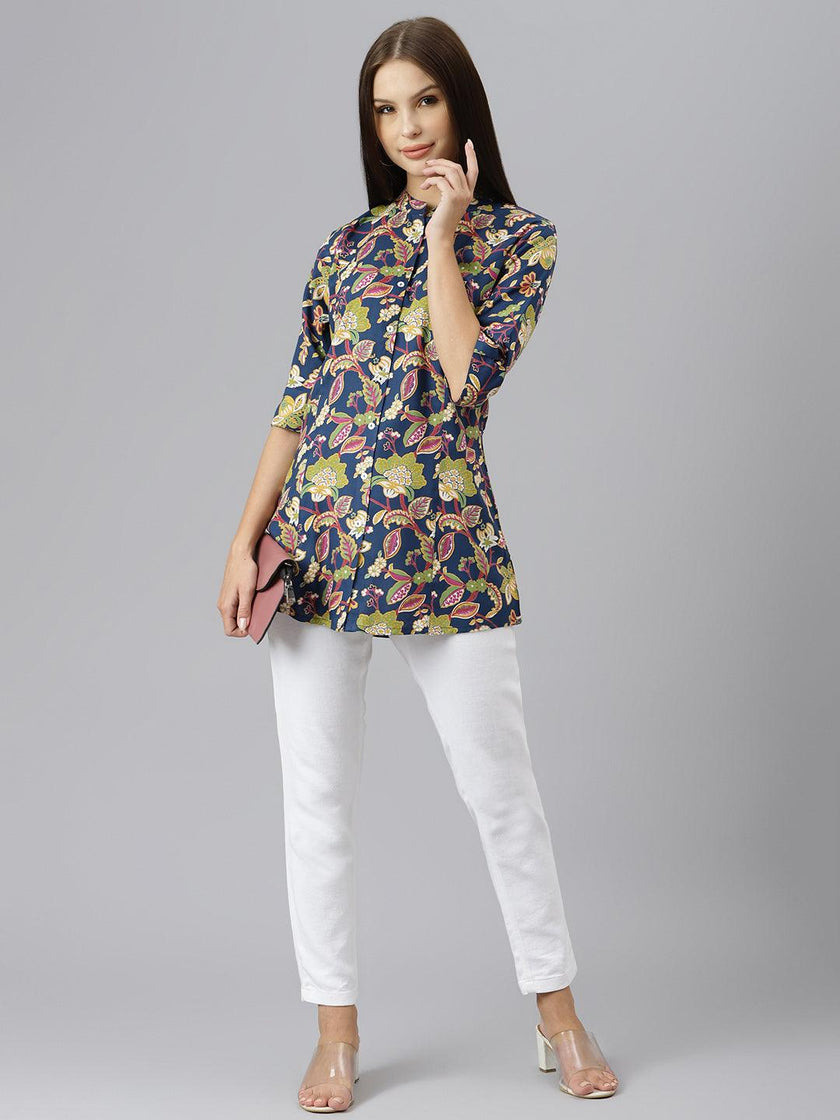 Divena Navy Blue Floral Rayon A-line Shirts Style Top - divena world