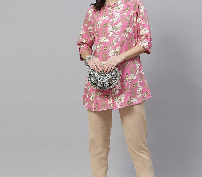 Divena Light Pink Floral Rayon A-line Top - divena world