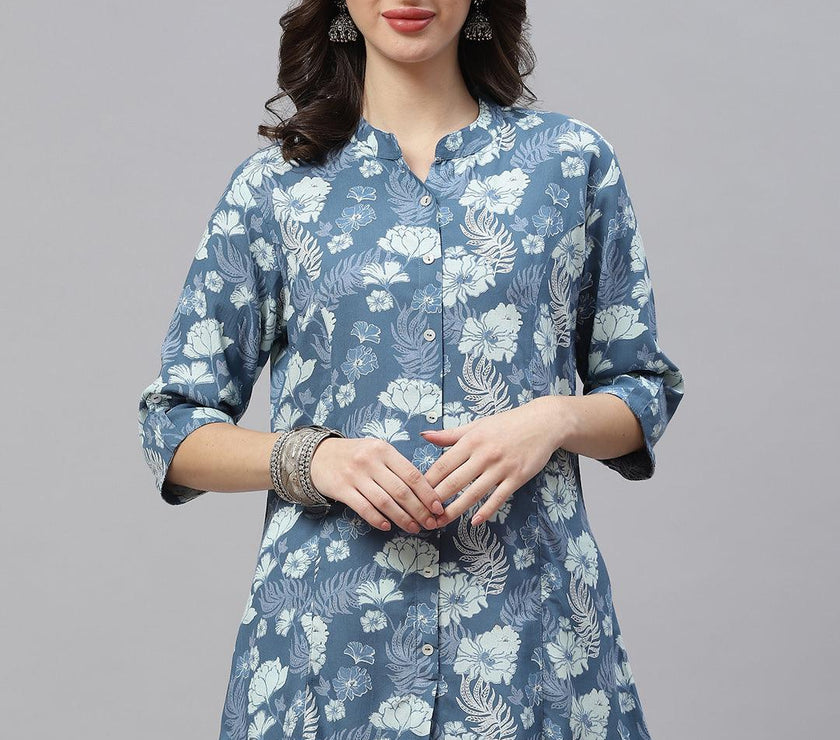 Divena Blue Floral Rayon A-lineTop - divena world