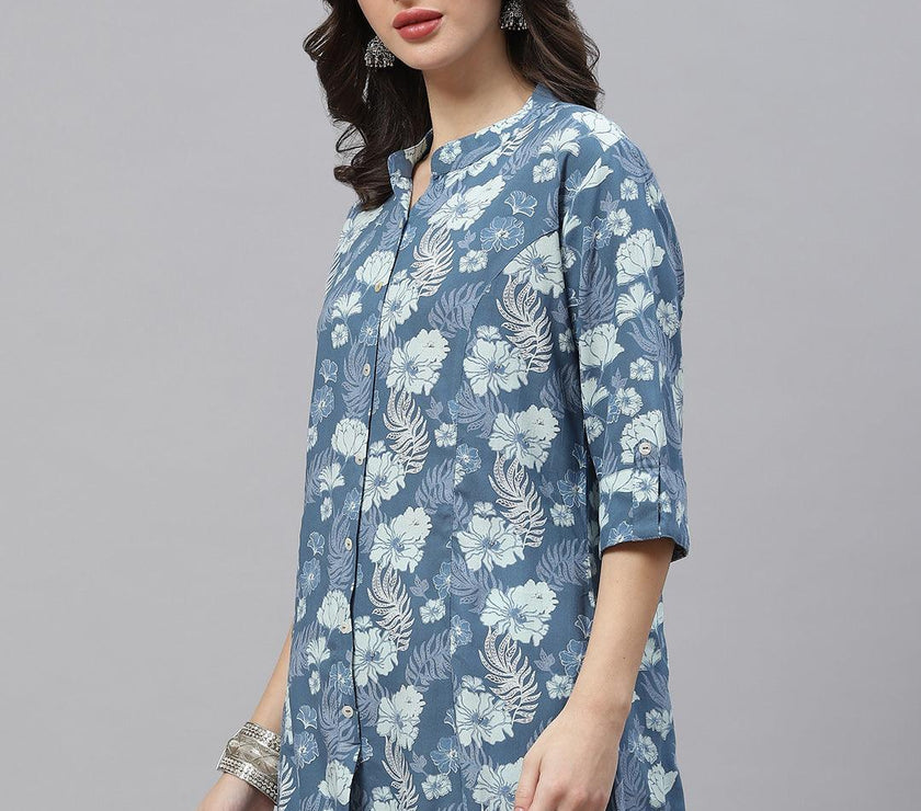 Divena Blue Floral Rayon A-lineTop - divena world