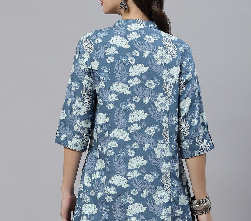 Divena Blue Floral Rayon A-lineTop - divena world