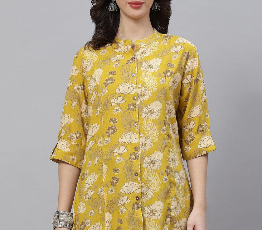 Divena Mustard Floral Rayon A-lineTop - divena world