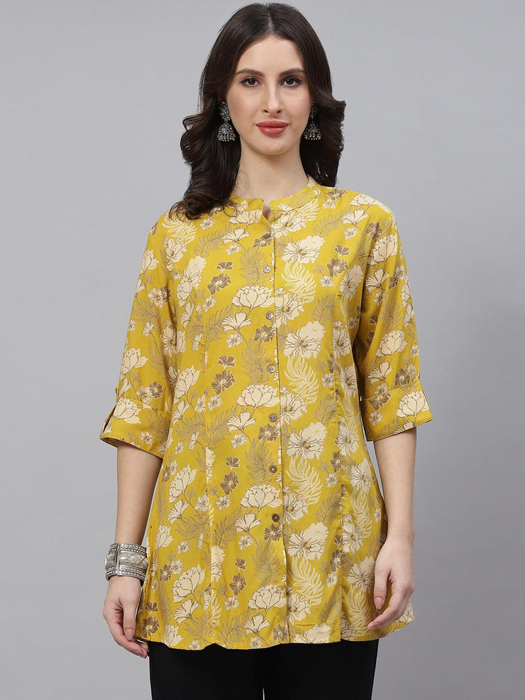 Divena Mustard Floral Rayon A-lineTop - divena world