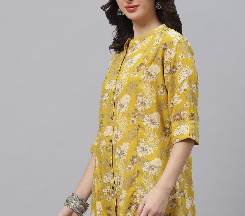 Divena Mustard Floral Rayon A-lineTop - divena world