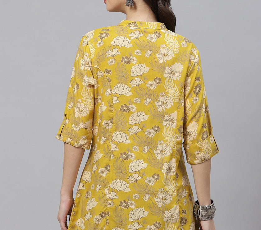 Divena Mustard Floral Rayon A-lineTop - divena world