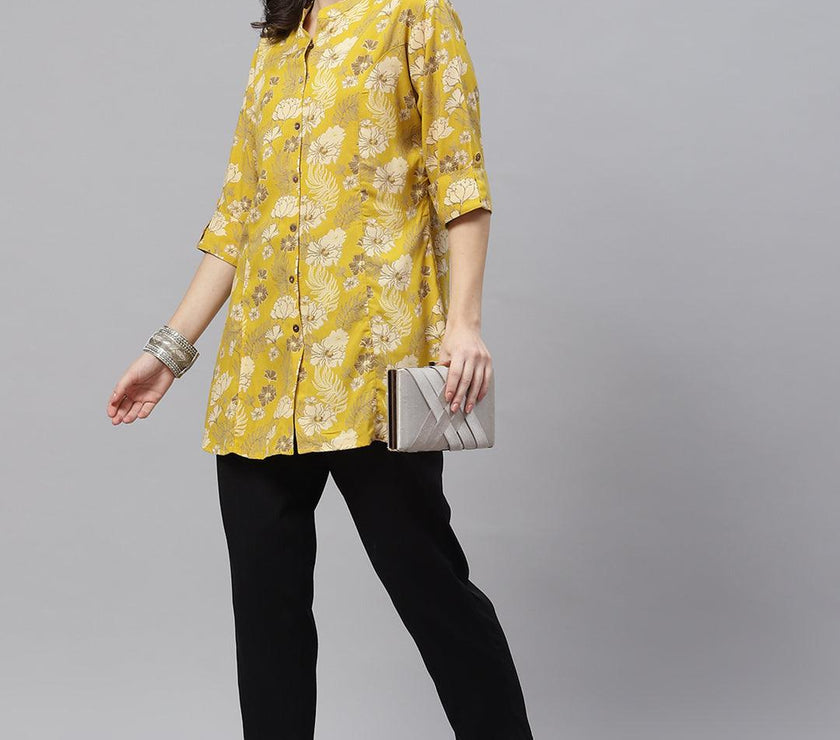 Divena Mustard Floral Rayon A-lineTop - divena world