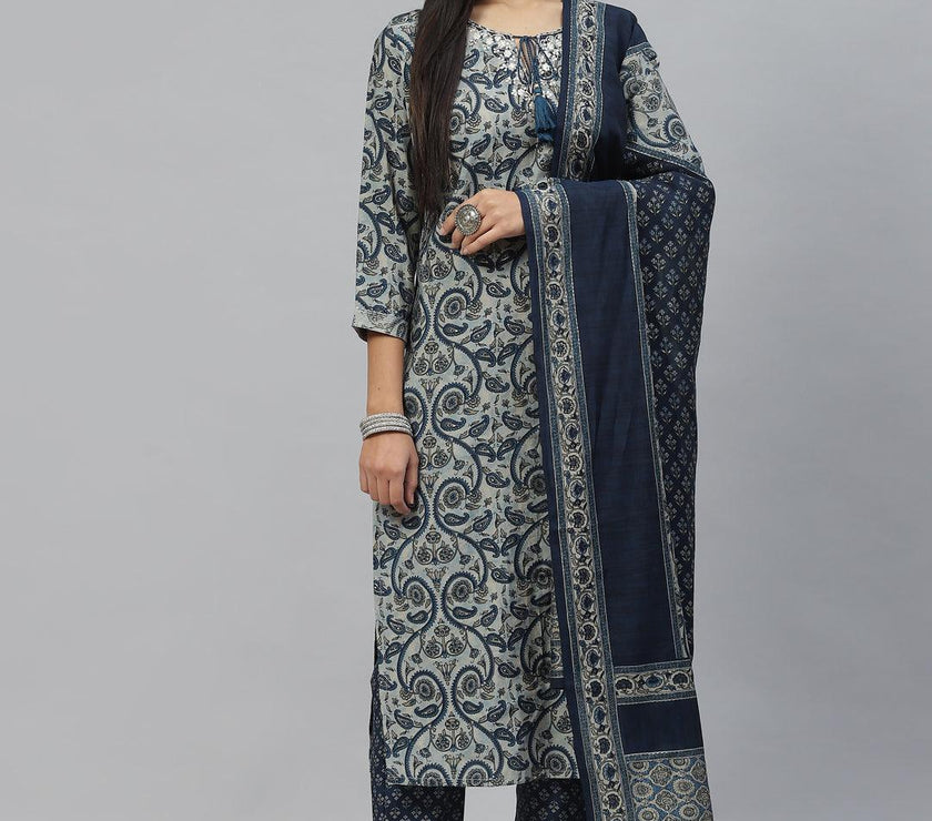 Divena Blue Ethnic Motif Muslin straight Kurta Pant Set with Dupatta - divena world